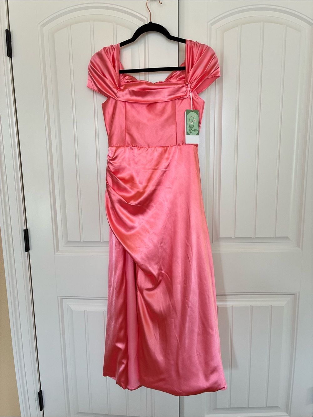 Pink Satin Off-the-Shoulder Junior Bridesmaid Dress with Ruched Skirt